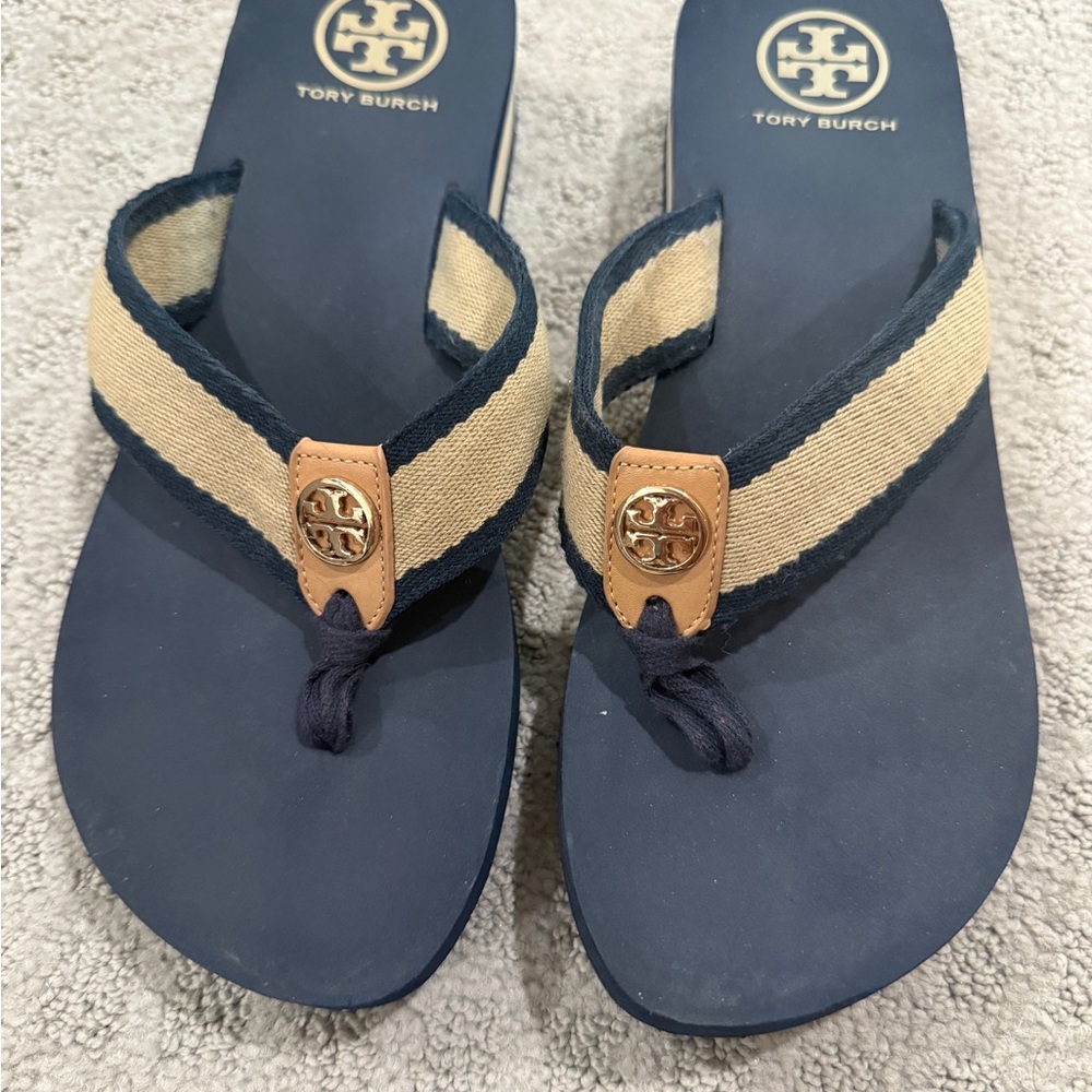 Tory Burch “Frankie” Blue and Beige Sandals - Size 8